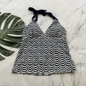 Lands End Womens Tankini Top Size 10 Blue White Scallop Print Halter Tie Neck
